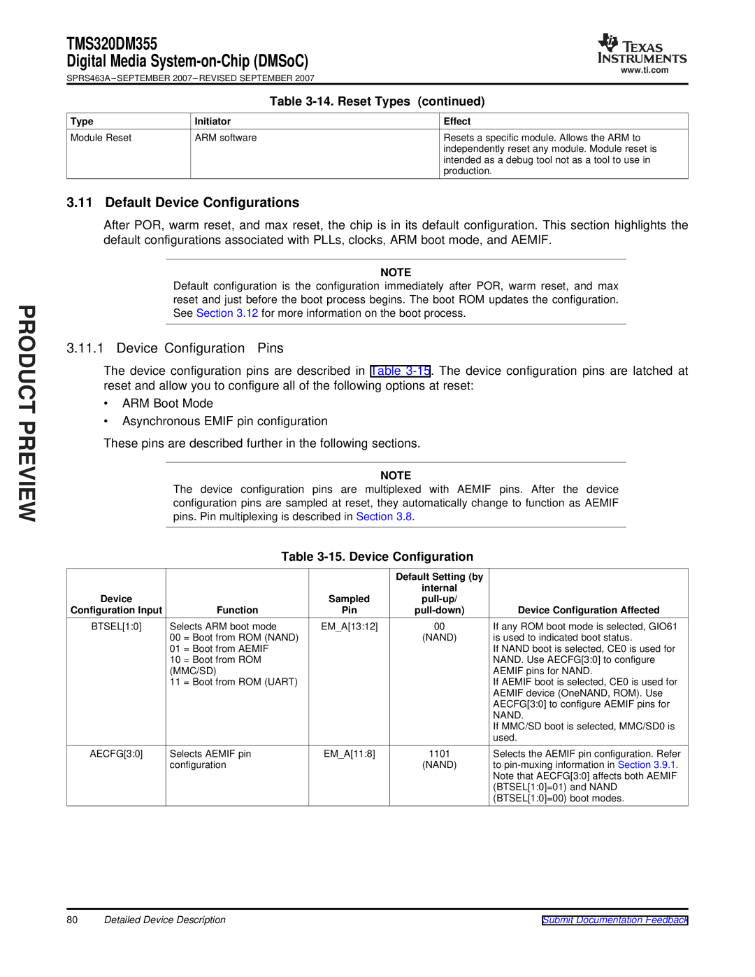 Texas Instruments TMS320DM355 warranty Default Device Configurations, Device Configuration Pins, Function Pin 