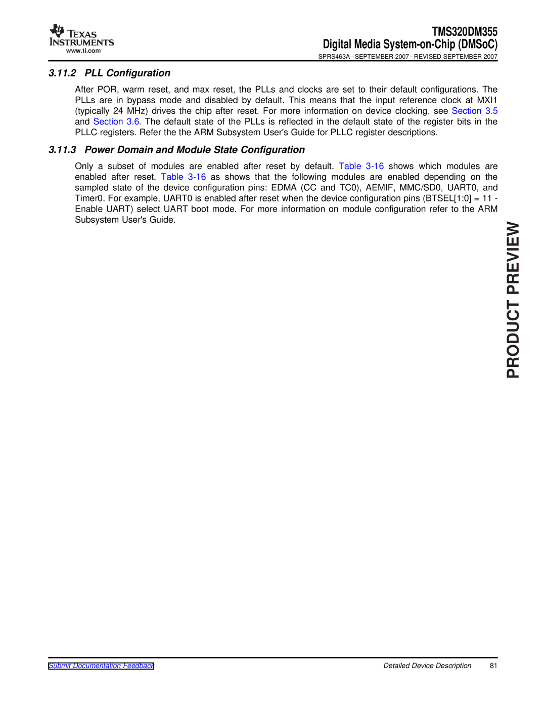 Texas Instruments TMS320DM355 warranty PLL Configuration, Power Domain and Module State Configuration 