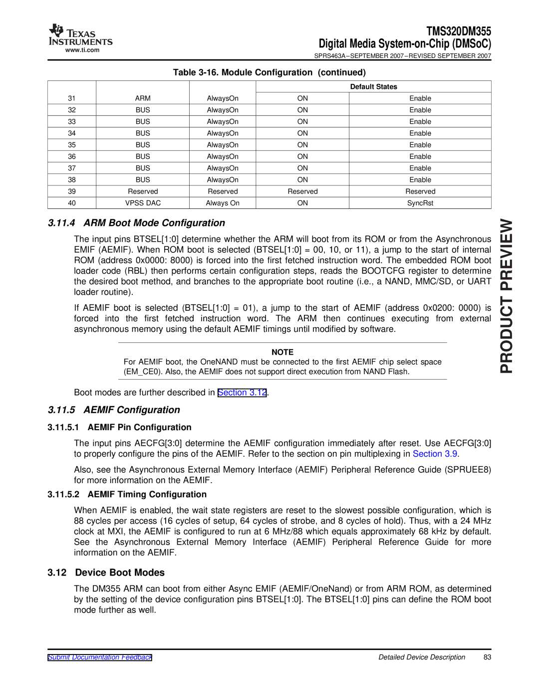 Texas Instruments TMS320DM355 warranty ARM Boot Mode Configuration, Aemif Configuration, Device Boot Modes 