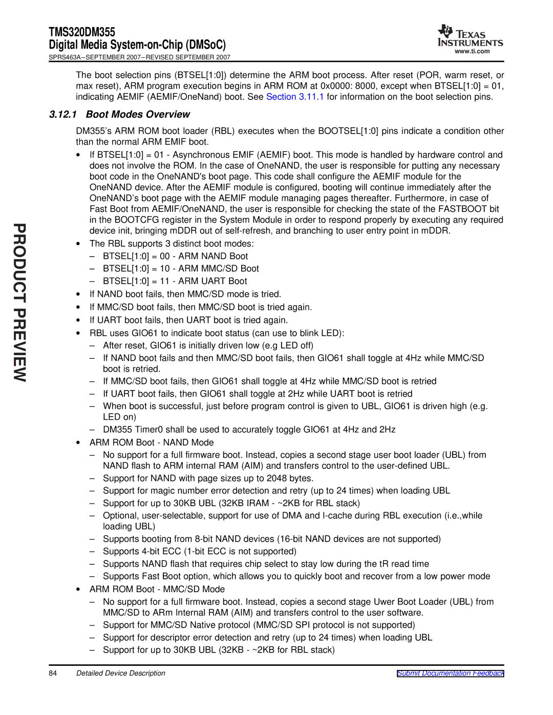 Texas Instruments TMS320DM355 warranty Boot Modes Overview 