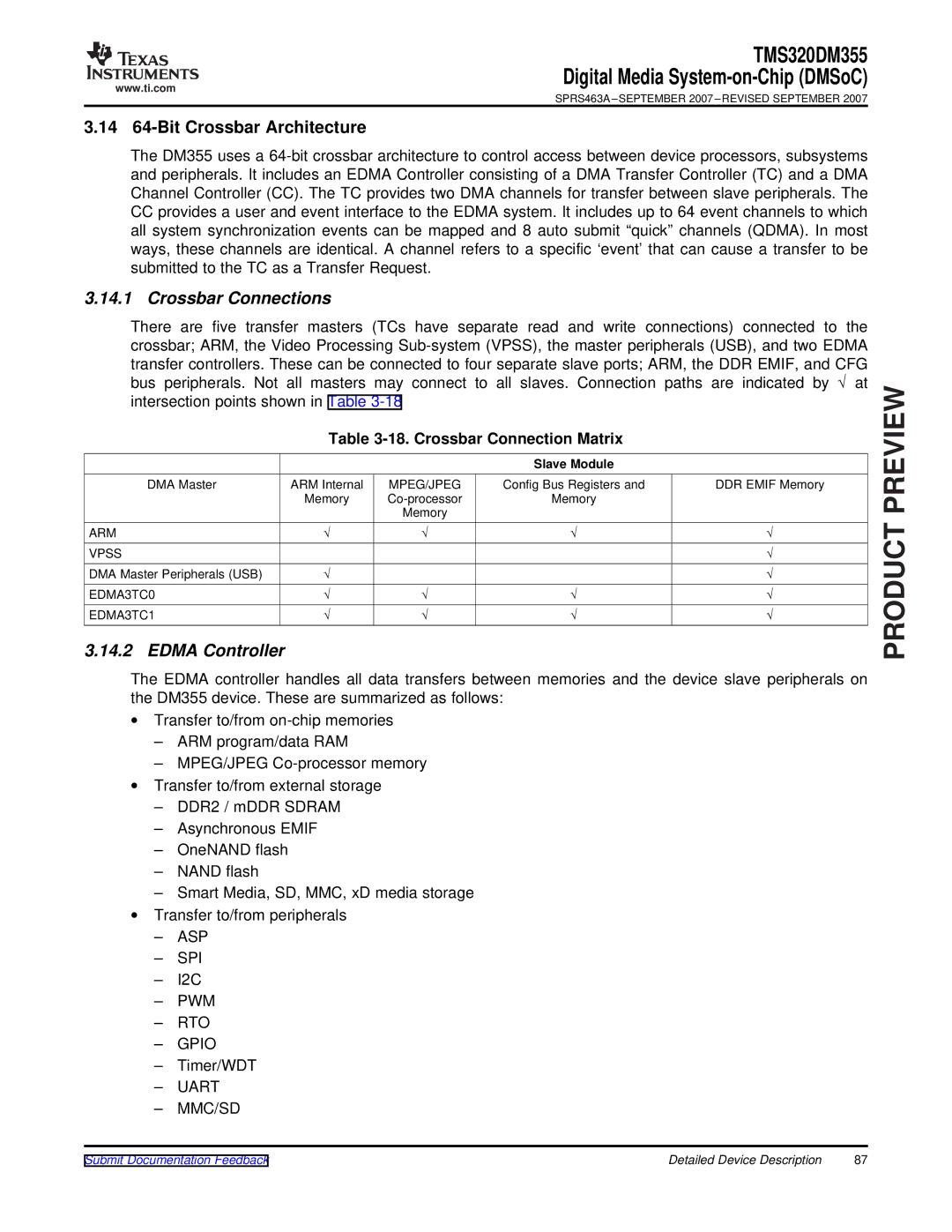 Texas Instruments TMS320DM355 warranty 14 64-Bit Crossbar Architecture, Crossbar Connections, Edma Controller 