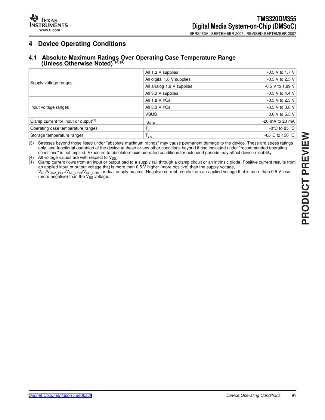 Texas Instruments TMS320DM355 warranty Device Operating Conditions, Vbus 