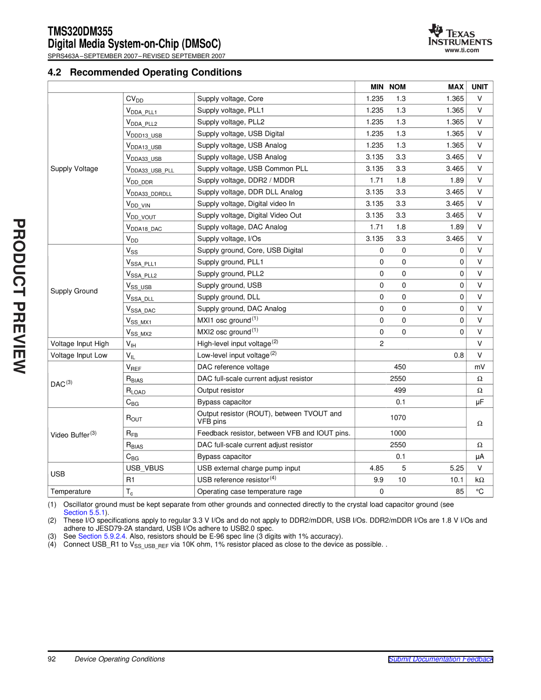 Texas Instruments TMS320DM355 warranty Recommended Operating Conditions, MIN NOM MAX Unit, Cv Dd, USB Usbvbus 