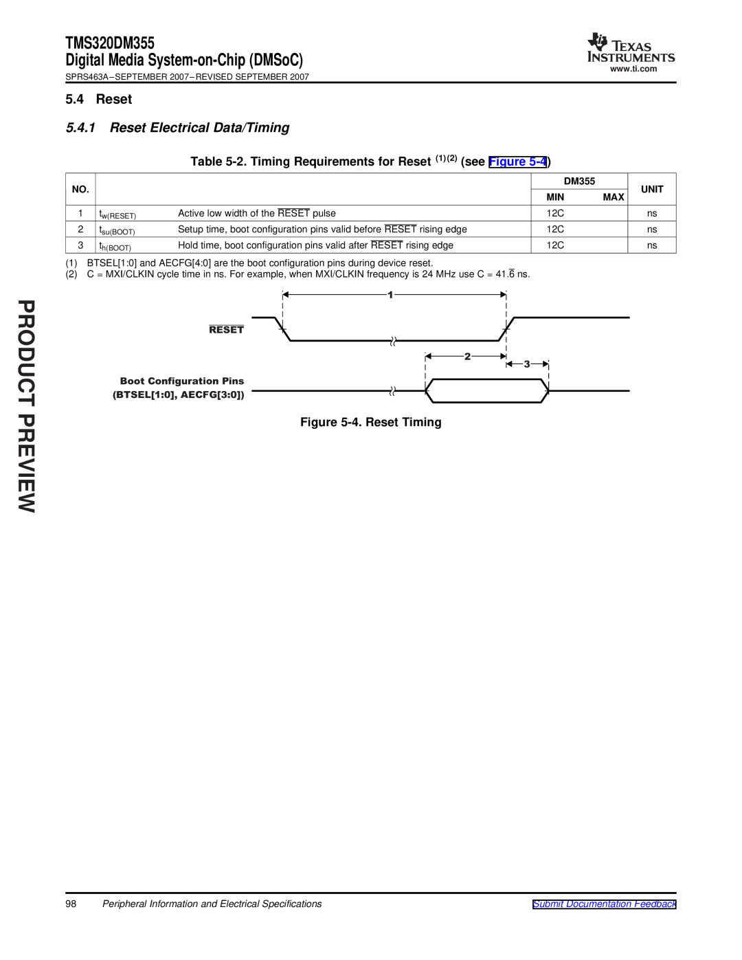 Texas Instruments TMS320DM355 warranty Reset Electrical Data/Timing, Timing Requirements for Reset 1 2 see Figure, Min 