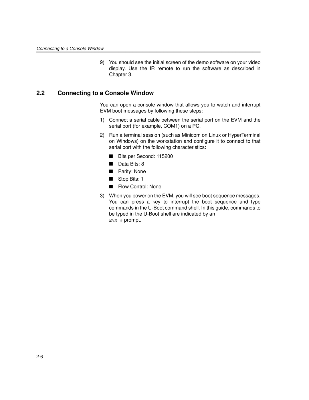 Texas Instruments TMS320DM357 DVEVM v2.05 manual Connecting to a Console Window 