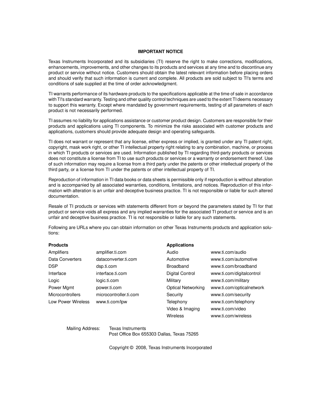 Texas Instruments TMS320DM357 DVEVM v2.05 manual Important Notice 