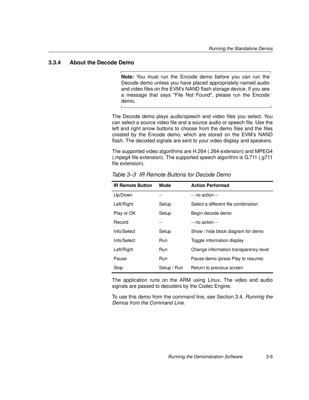 Texas Instruments TMS320DM357 DVEVM v2.05 manual About the Decode Demo, IR Remote Buttons for Decode Demo 