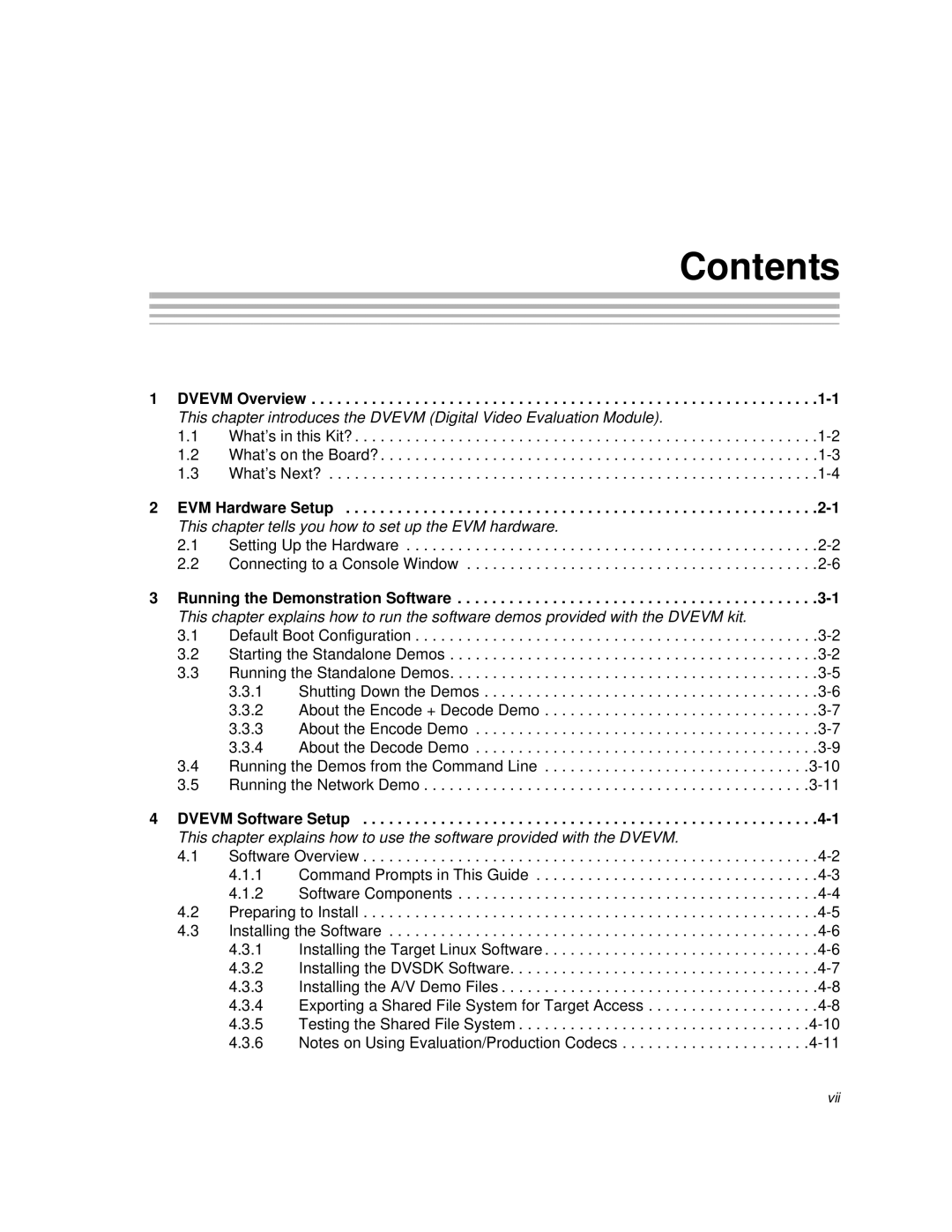 Texas Instruments TMS320DM357 DVEVM v2.05 manual Contents 