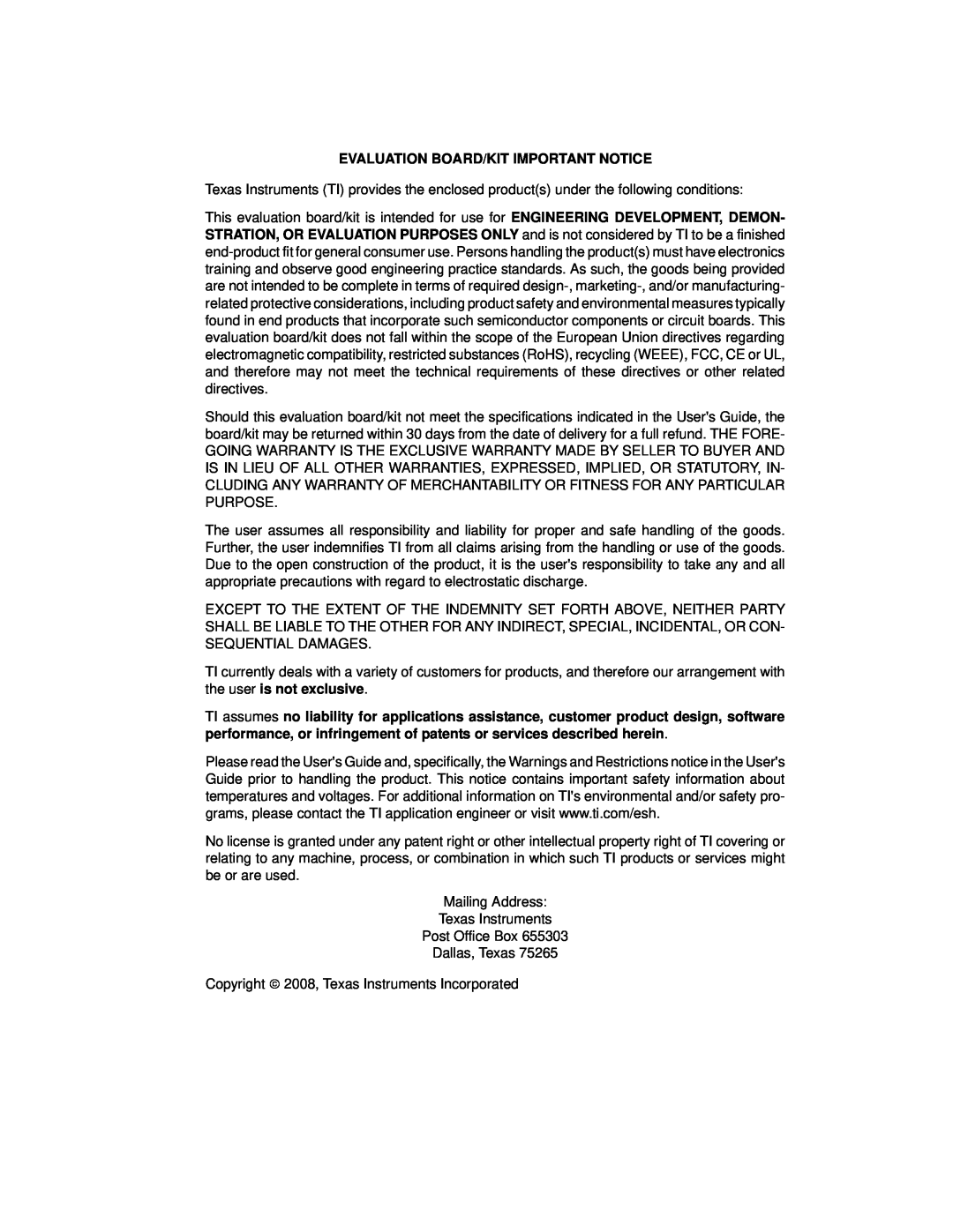 Texas Instruments TMS320DM357 DVEVM v2.05 manual Evaluation Board/Kit Important Notice 