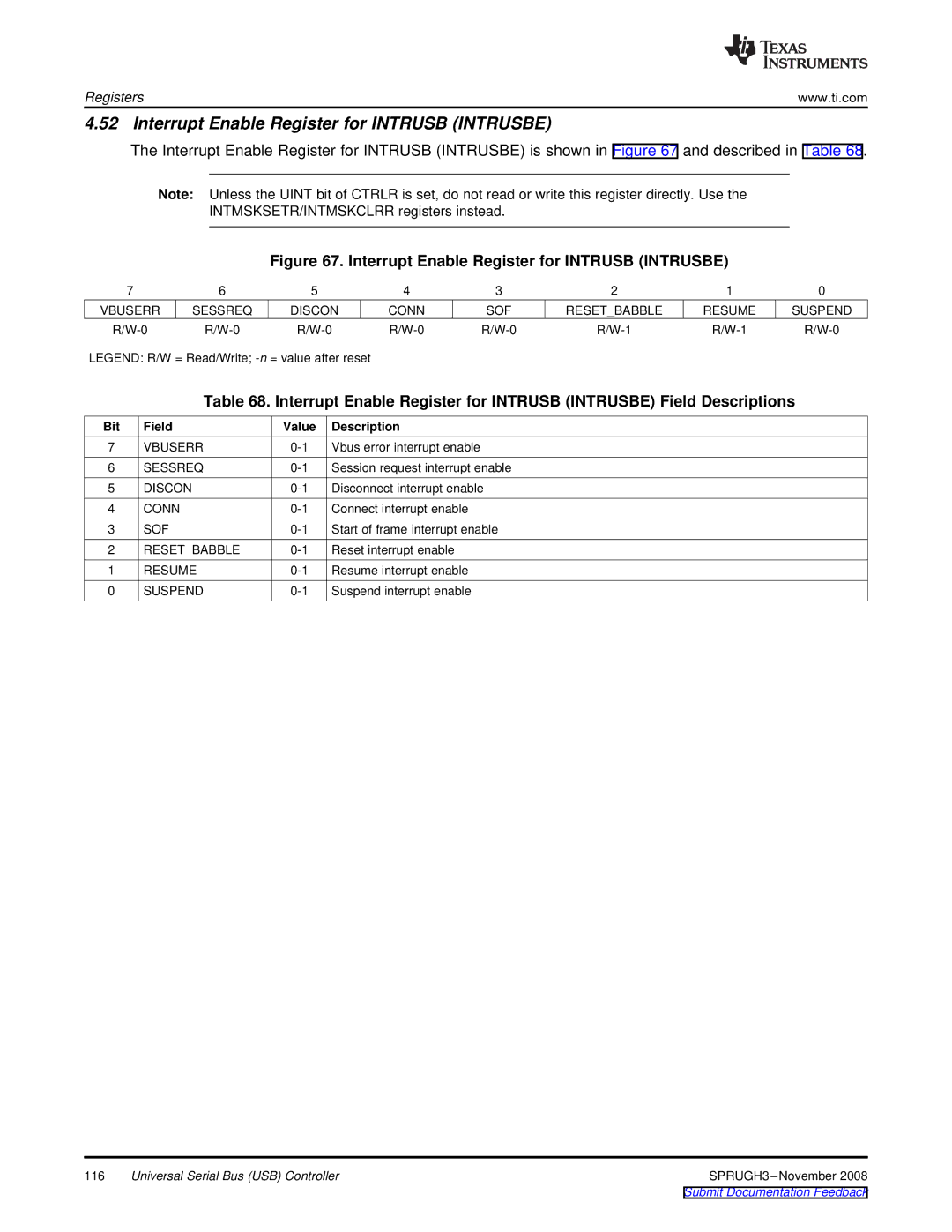 Texas Instruments TMS320DM357 manual Interrupt Enable Register for Intrusb Intrusbe 