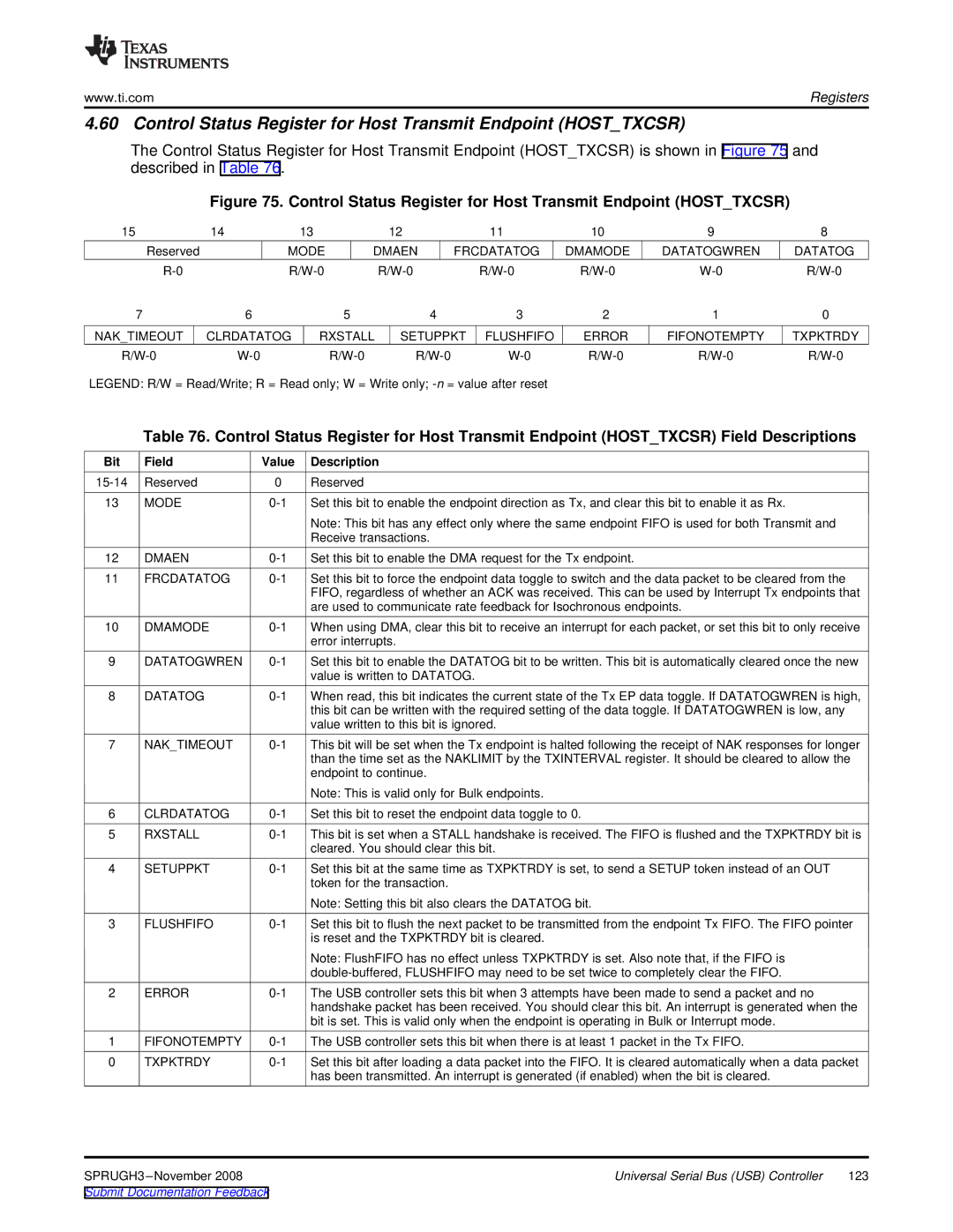 Texas Instruments TMS320DM357 manual Control Status Register for Host Transmit Endpoint Hosttxcsr 