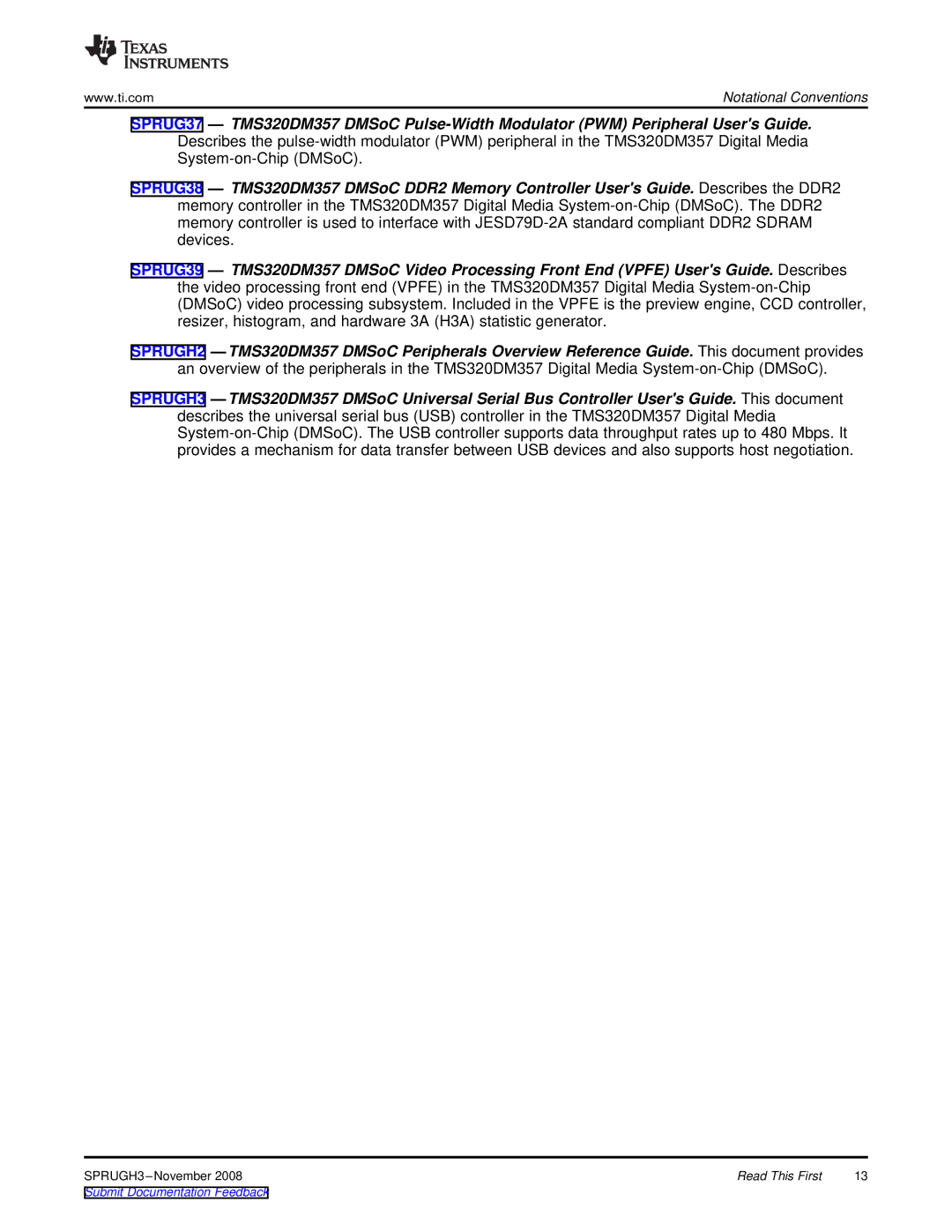 Texas Instruments TMS320DM357 manual Notational Conventions 