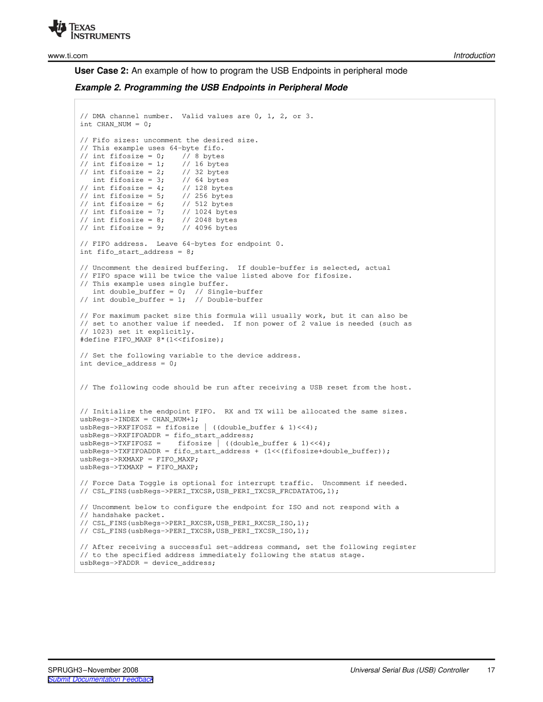 Texas Instruments TMS320DM357 manual Example 2. Programming the USB Endpoints in Peripheral Mode 