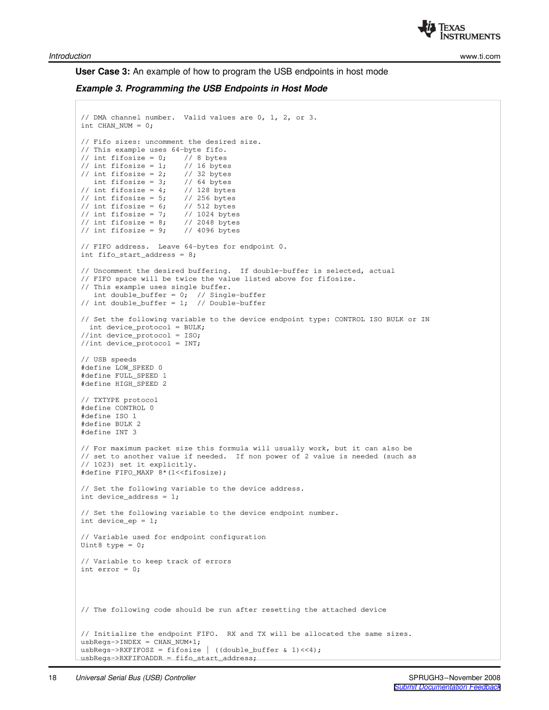 Texas Instruments TMS320DM357 manual Example 3. Programming the USB Endpoints in Host Mode 