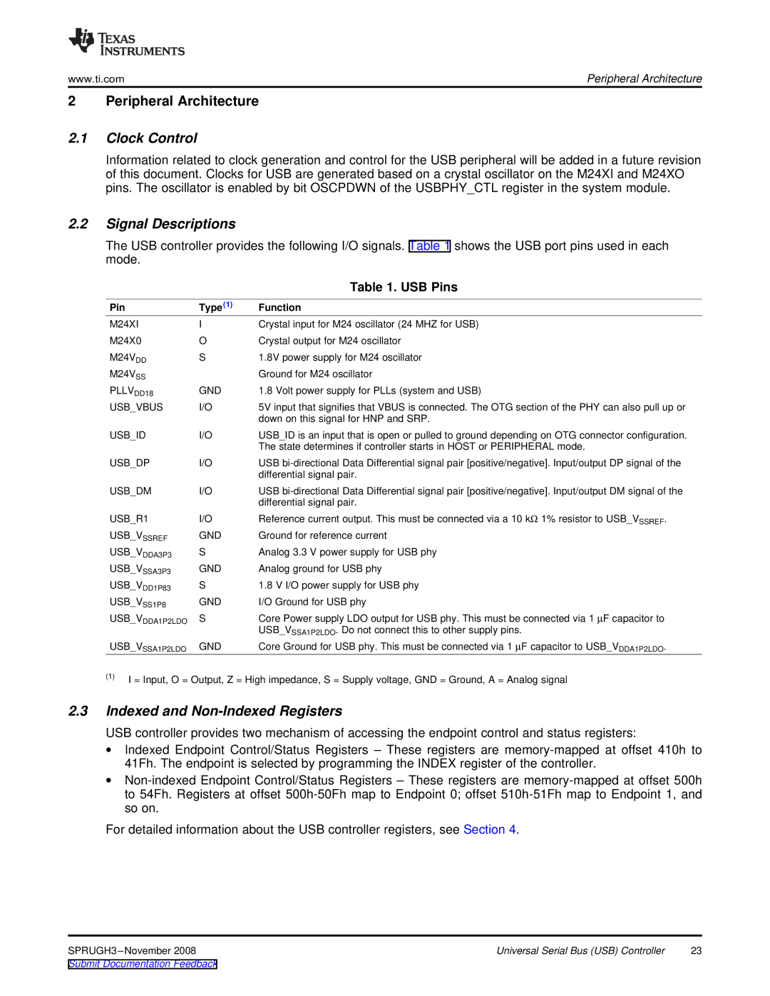 Texas Instruments TMS320DM357 manual Clock Control, Signal Descriptions, Indexed and Non-Indexed Registers, USB Pins 