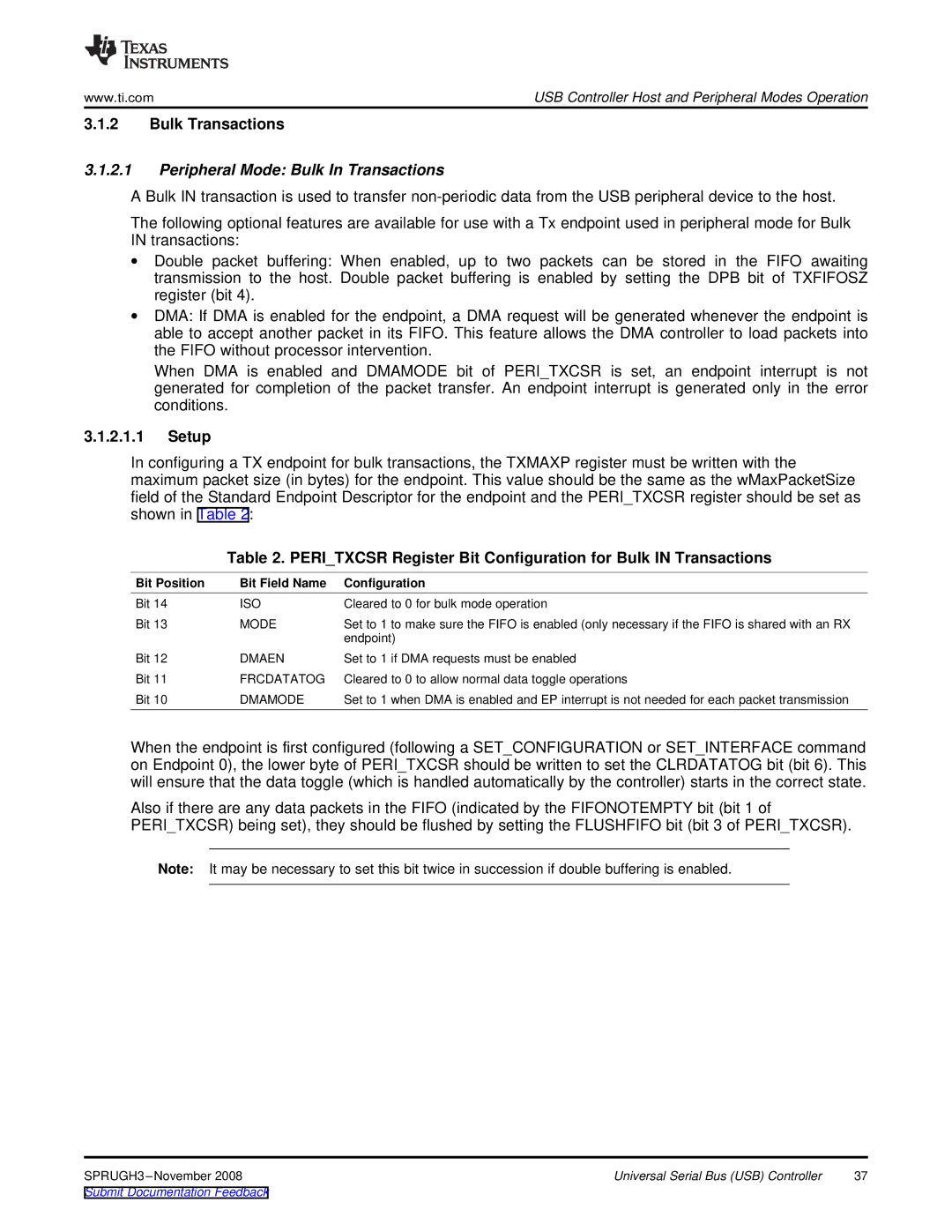 Texas Instruments TMS320DM357 manual Bulk Transactions, Peripheral Mode Bulk In Transactions, Setup 