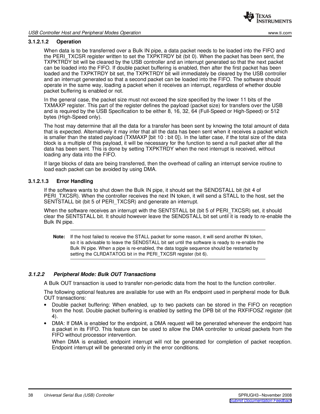 Texas Instruments TMS320DM357 manual Operation, Peripheral Mode Bulk OUT Transactions 