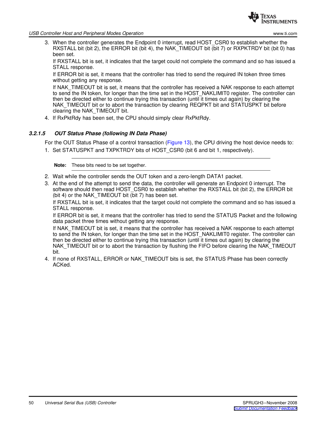 Texas Instruments TMS320DM357 manual OUT Status Phase following in Data Phase 