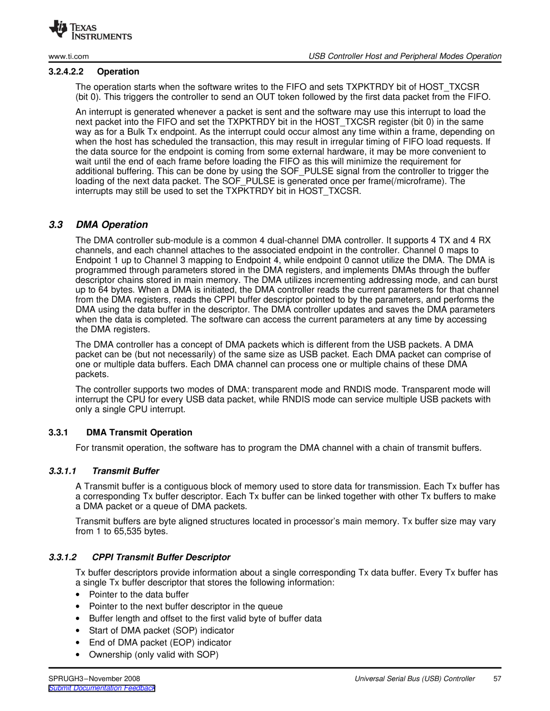 Texas Instruments TMS320DM357 manual DMA Operation, DMA Transmit Operation, Cppi Transmit Buffer Descriptor 