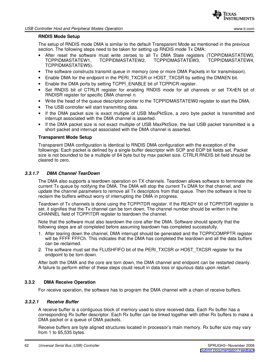 Texas Instruments TMS320DM357 manual Rndis Mode Setup, Transparent Mode Setup, DMA Channel TearDown, DMA Receive Operation 