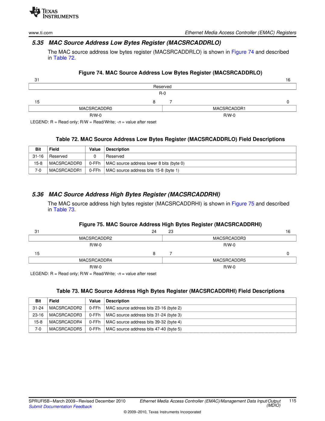 Texas Instruments TMS320DM36X manual MAC Source Address Low Bytes Register Macsrcaddrlo 