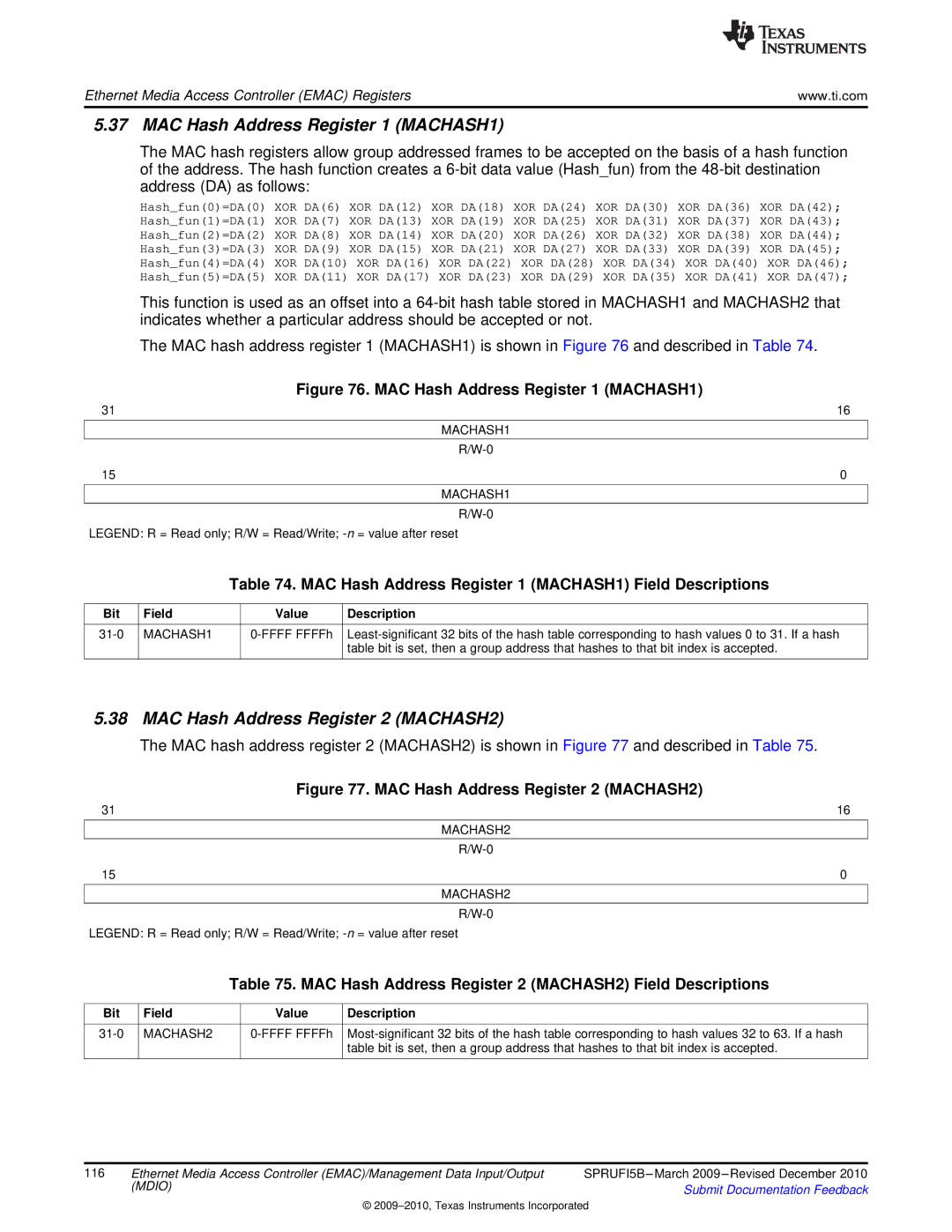 Texas Instruments TMS320DM36X manual MAC Hash Address Register 1 MACHASH1, MAC Hash Address Register 2 MACHASH2 