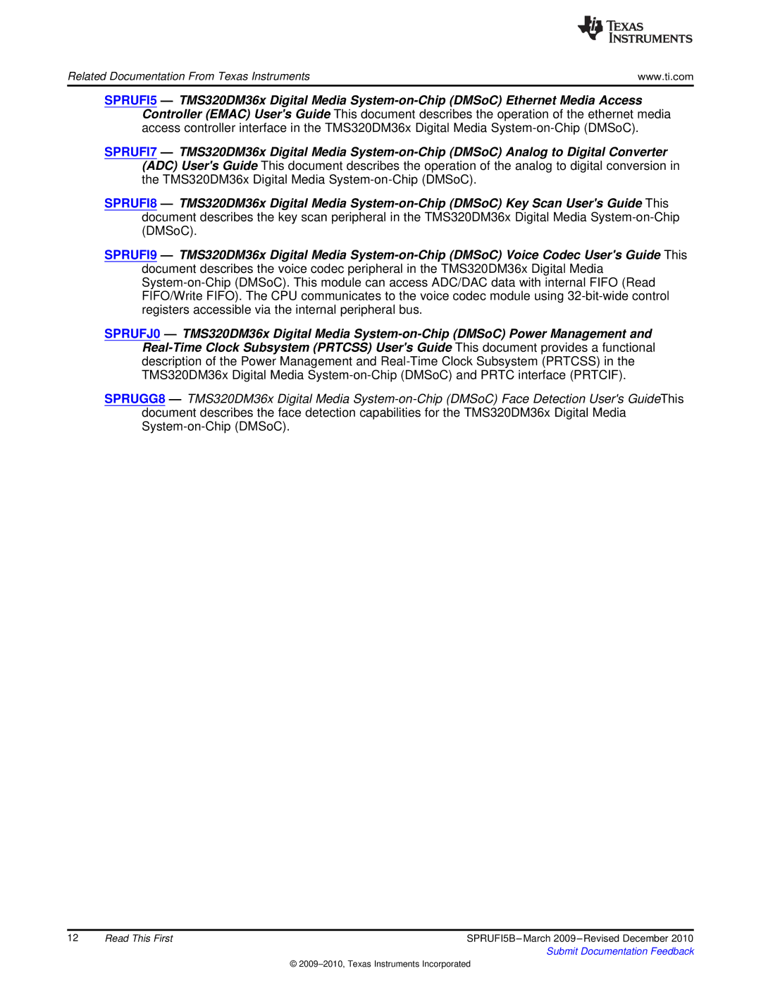 Texas Instruments TMS320DM36X manual Related Documentation From Texas Instruments 