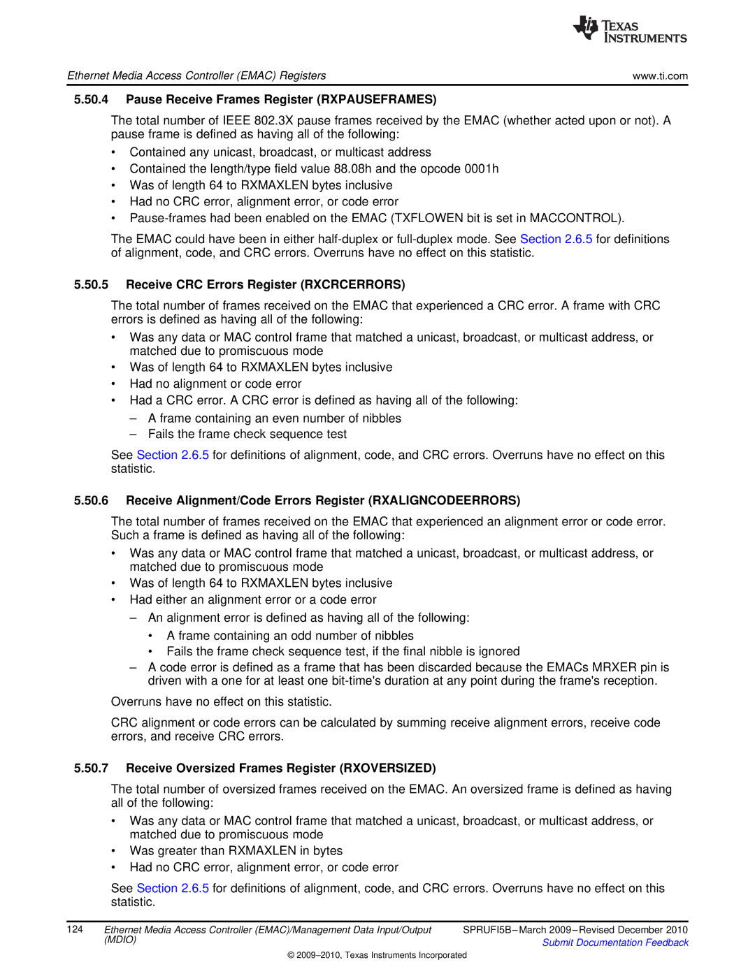 Texas Instruments TMS320DM36X manual Pause Receive Frames Register Rxpauseframes, Receive CRC Errors Register Rxcrcerrors 