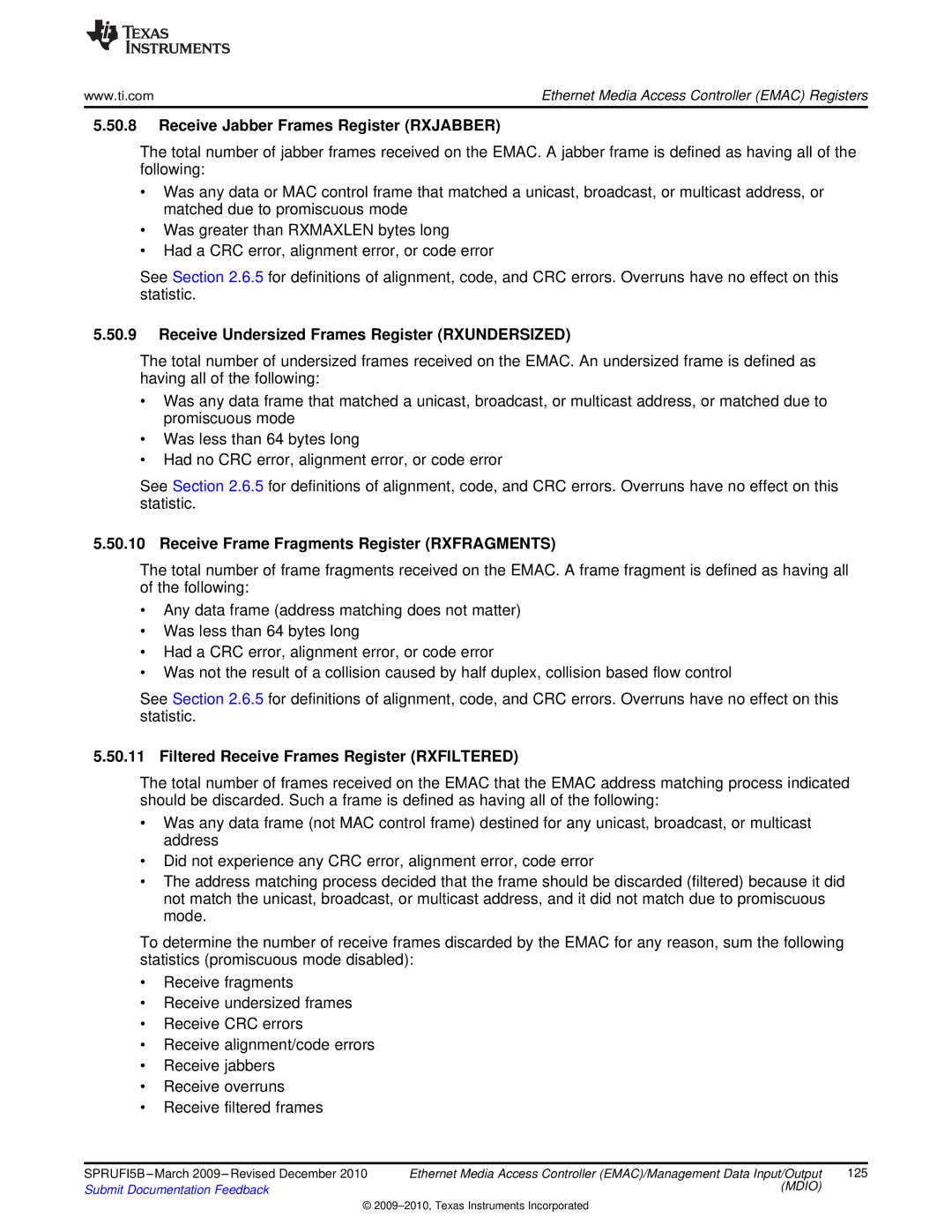 Texas Instruments TMS320DM36X Receive Jabber Frames Register Rxjabber, Receive Undersized Frames Register Rxundersized 