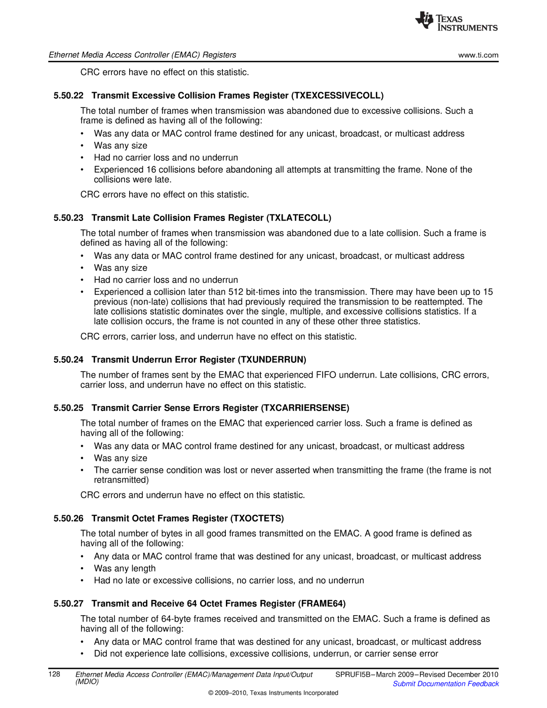 Texas Instruments TMS320DM36X Transmit Late Collision Frames Register Txlatecoll, Transmit Octet Frames Register Txoctets 