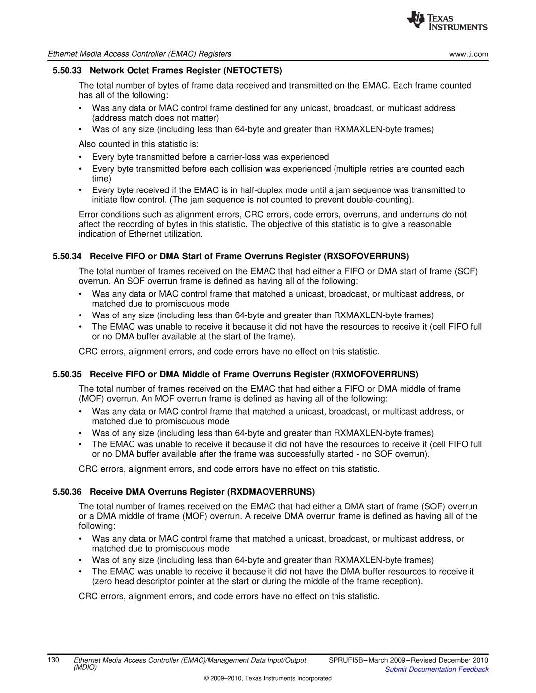 Texas Instruments TMS320DM36X manual Network Octet Frames Register Netoctets, Receive DMA Overruns Register Rxdmaoverruns 