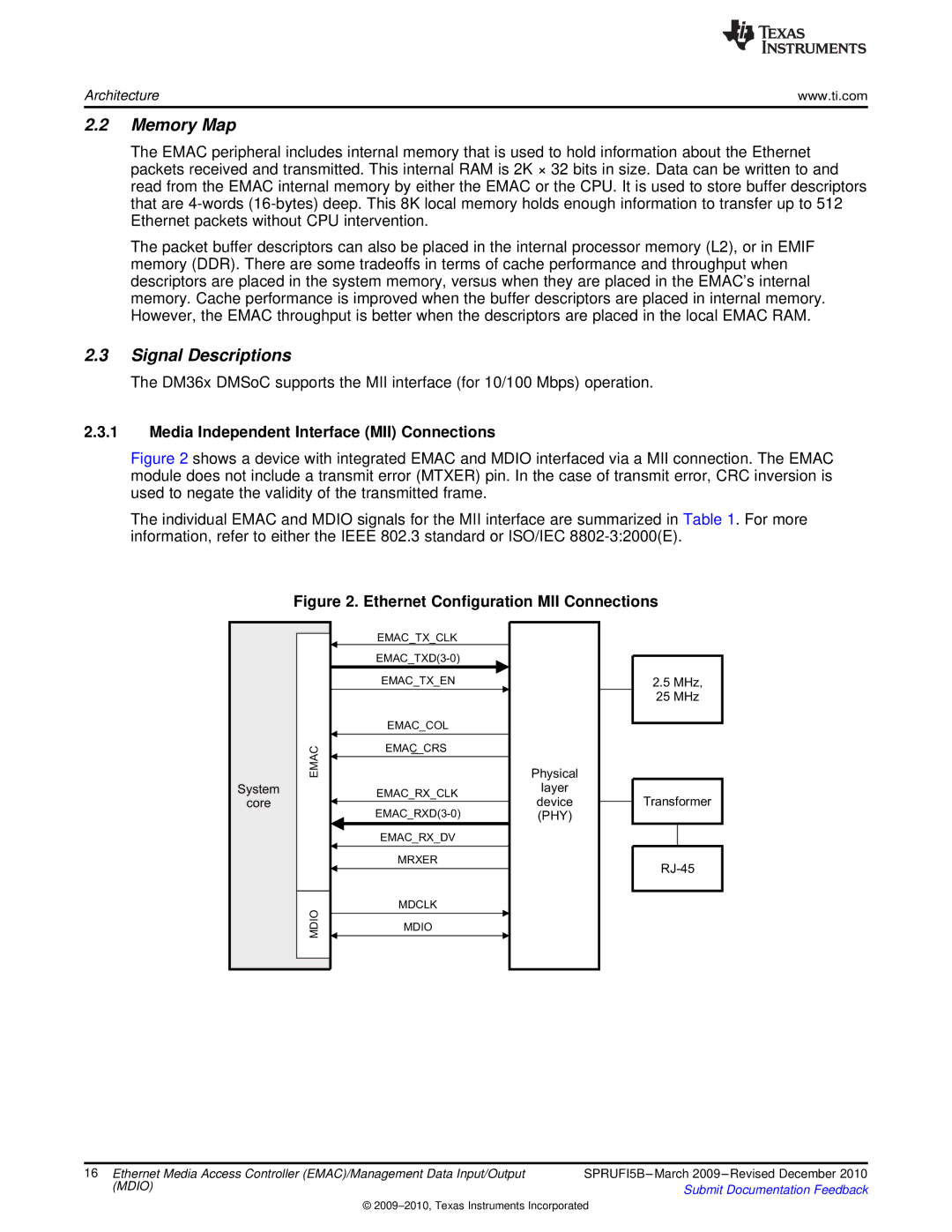 Texas Instruments TMS320DM36X manual Memory Map, Signal Descriptions, Media Independent Interface MII Connections 