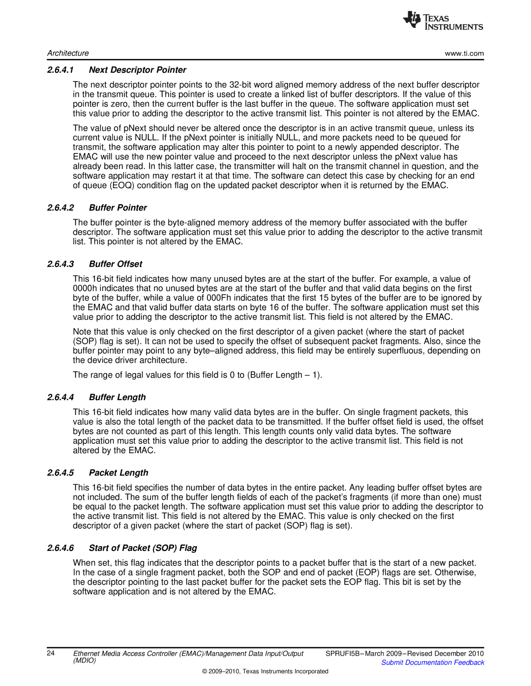 Texas Instruments TMS320DM36X manual Next Descriptor Pointer, Buffer Pointer, Buffer Offset, Buffer Length, Packet Length 