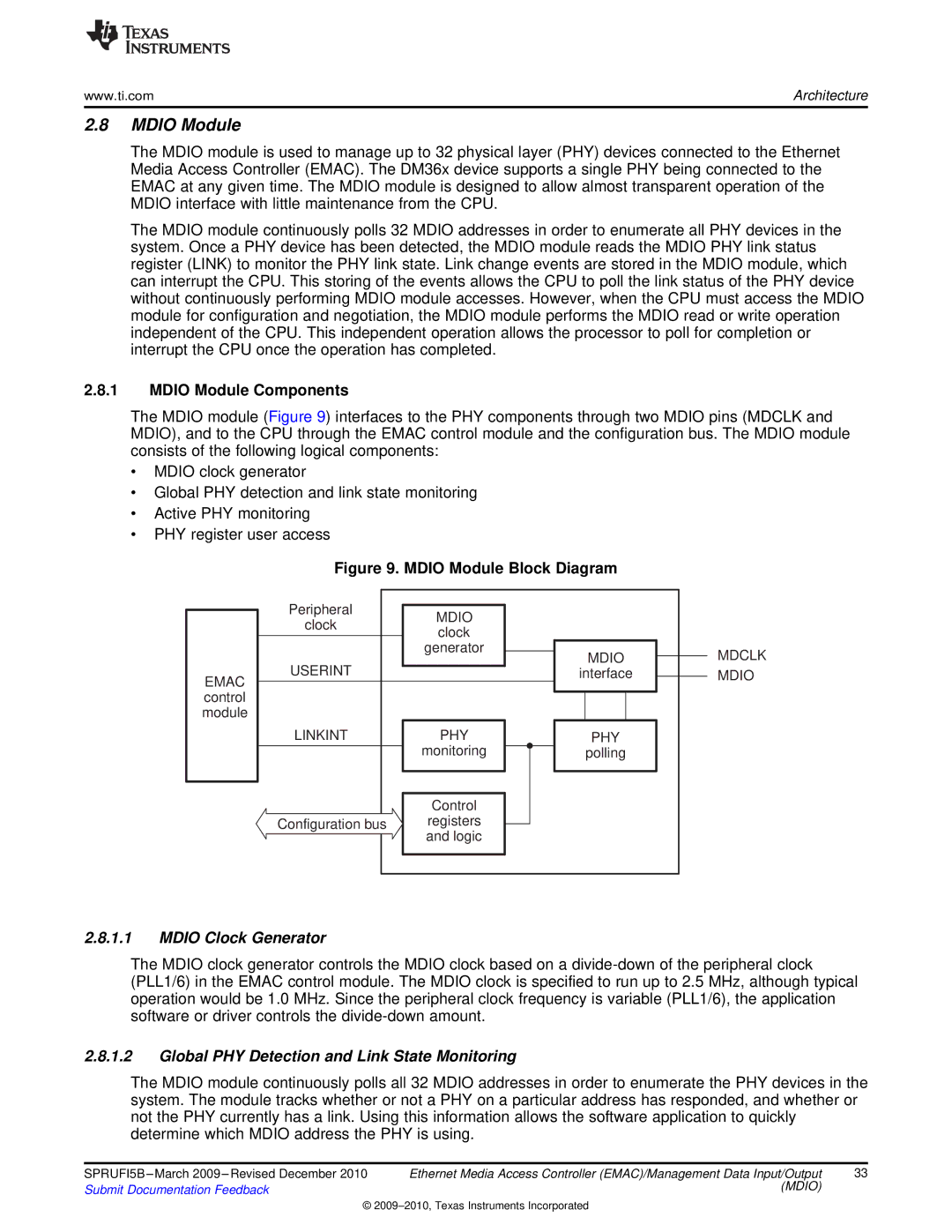 Texas Instruments TMS320DM36X manual Mdio Module Components, Mdio Clock Generator, Userint 