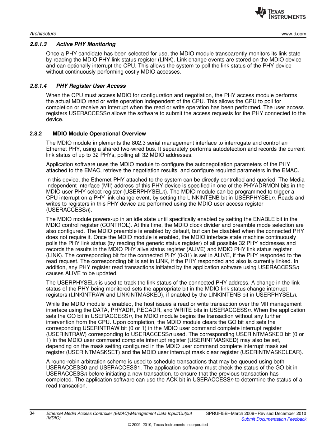 Texas Instruments TMS320DM36X manual Active PHY Monitoring, PHY Register User Access, Mdio Module Operational Overview 