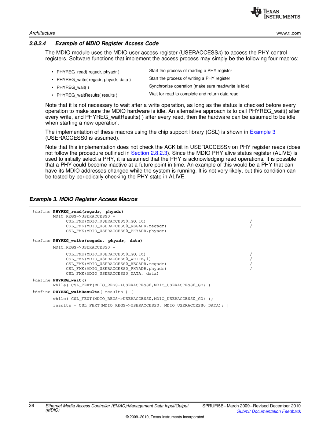 Texas Instruments TMS320DM36X manual Example of Mdio Register Access Code, Example 3. Mdio Register Access Macros 