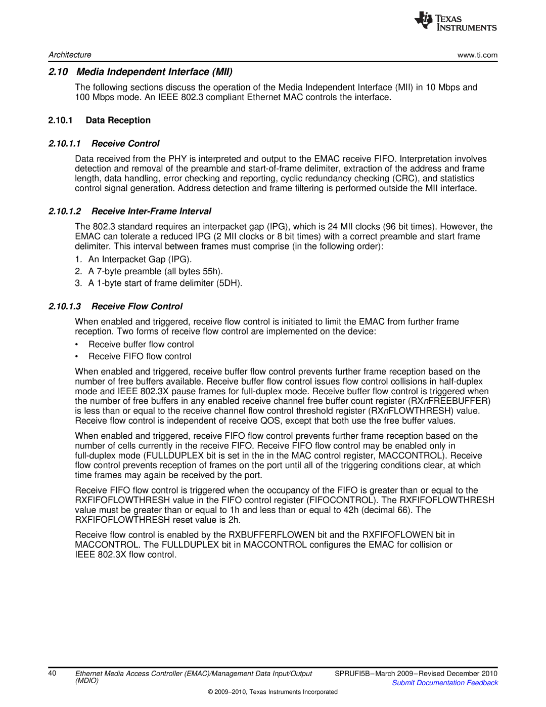Texas Instruments TMS320DM36X manual Media Independent Interface MII, Data Reception, Receive Control, Receive Flow Control 