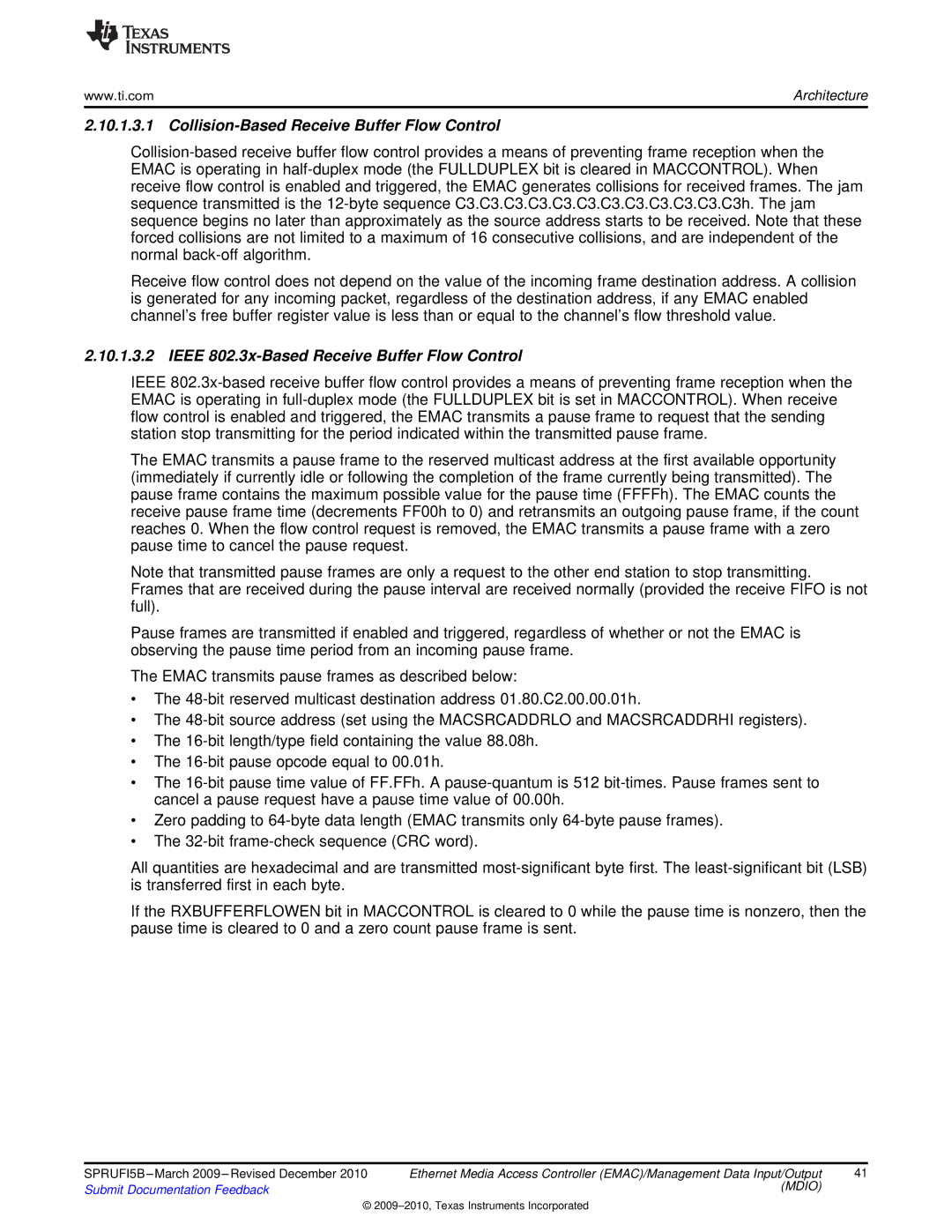 Texas Instruments TMS320DM36X Collision-Based Receive Buffer Flow Control, Ieee 802.3x-Based Receive Buffer Flow Control 