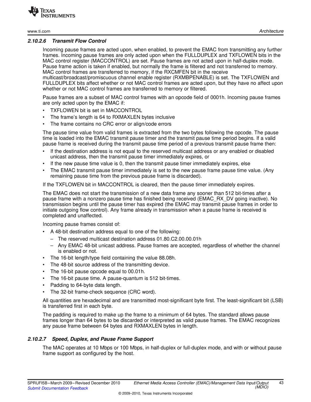 Texas Instruments TMS320DM36X manual Transmit Flow Control, Speed, Duplex, and Pause Frame Support 