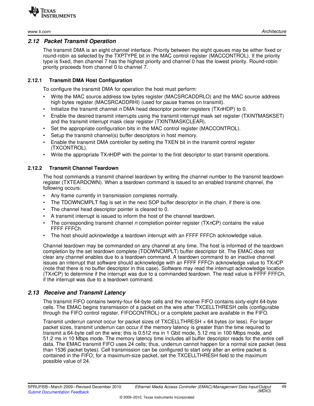 Texas Instruments TMS320DM36X Packet Transmit Operation, Receive and Transmit Latency, Transmit DMA Host Configuration 