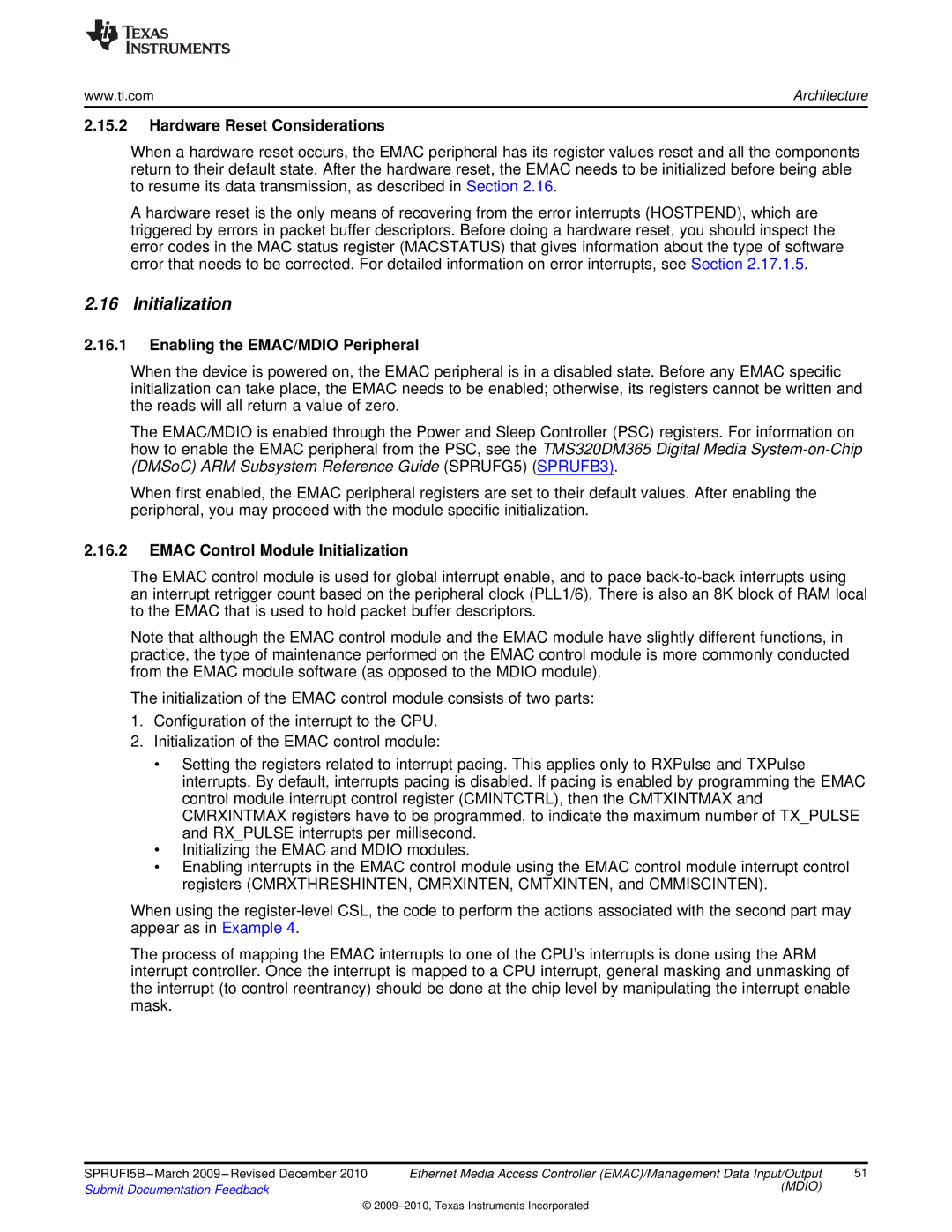 Texas Instruments TMS320DM36X manual Initialization, Hardware Reset Considerations, Enabling the EMAC/MDIO Peripheral 