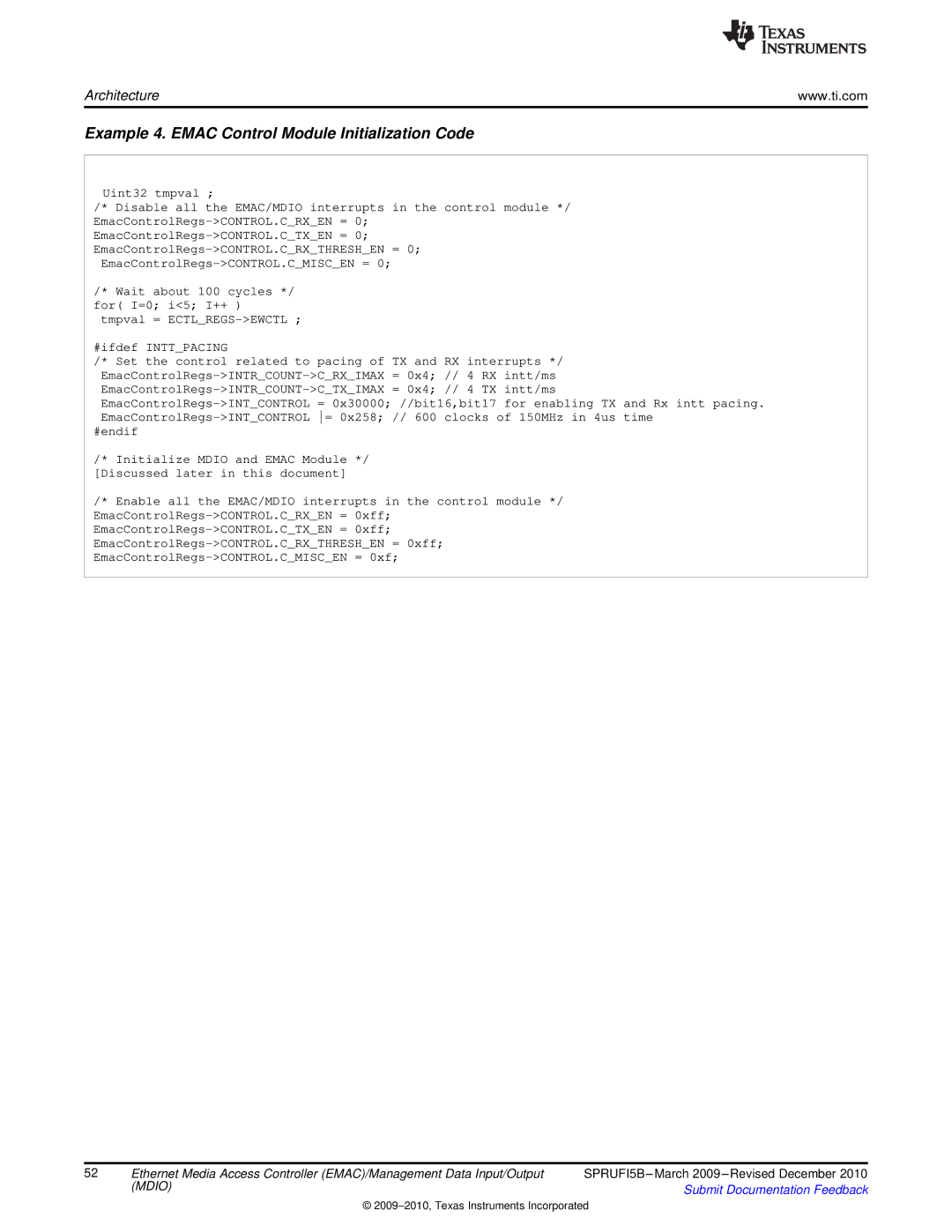 Texas Instruments TMS320DM36X manual Example 4. Emac Control Module Initialization Code 