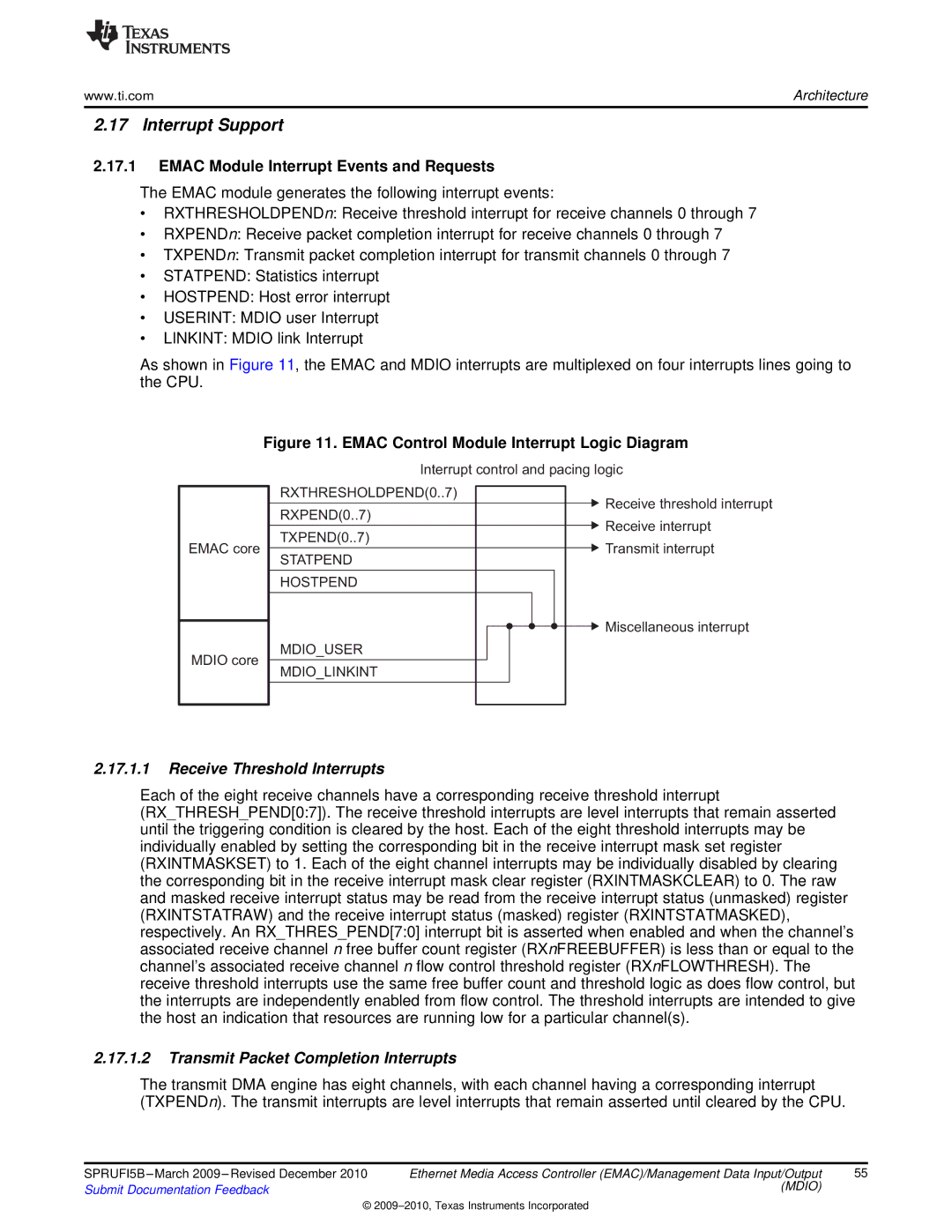 Texas Instruments TMS320DM36X Interrupt Support, Emac Module Interrupt Events and Requests, Receive Threshold Interrupts 