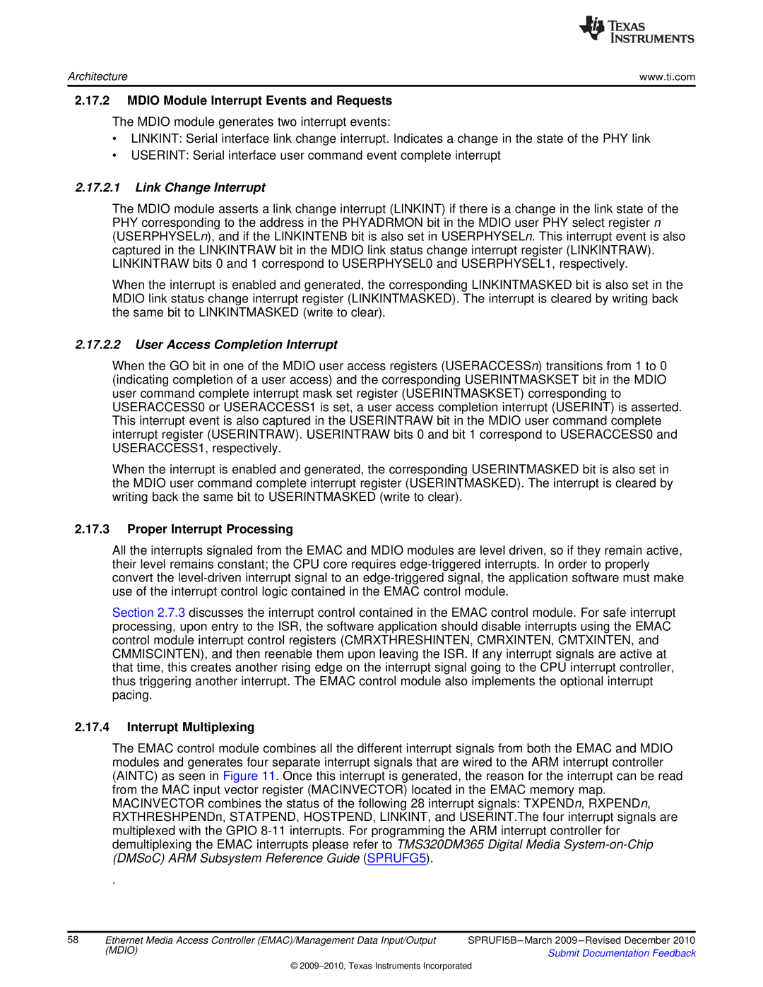Texas Instruments TMS320DM36X Mdio Module Interrupt Events and Requests, Link Change Interrupt, Interrupt Multiplexing 
