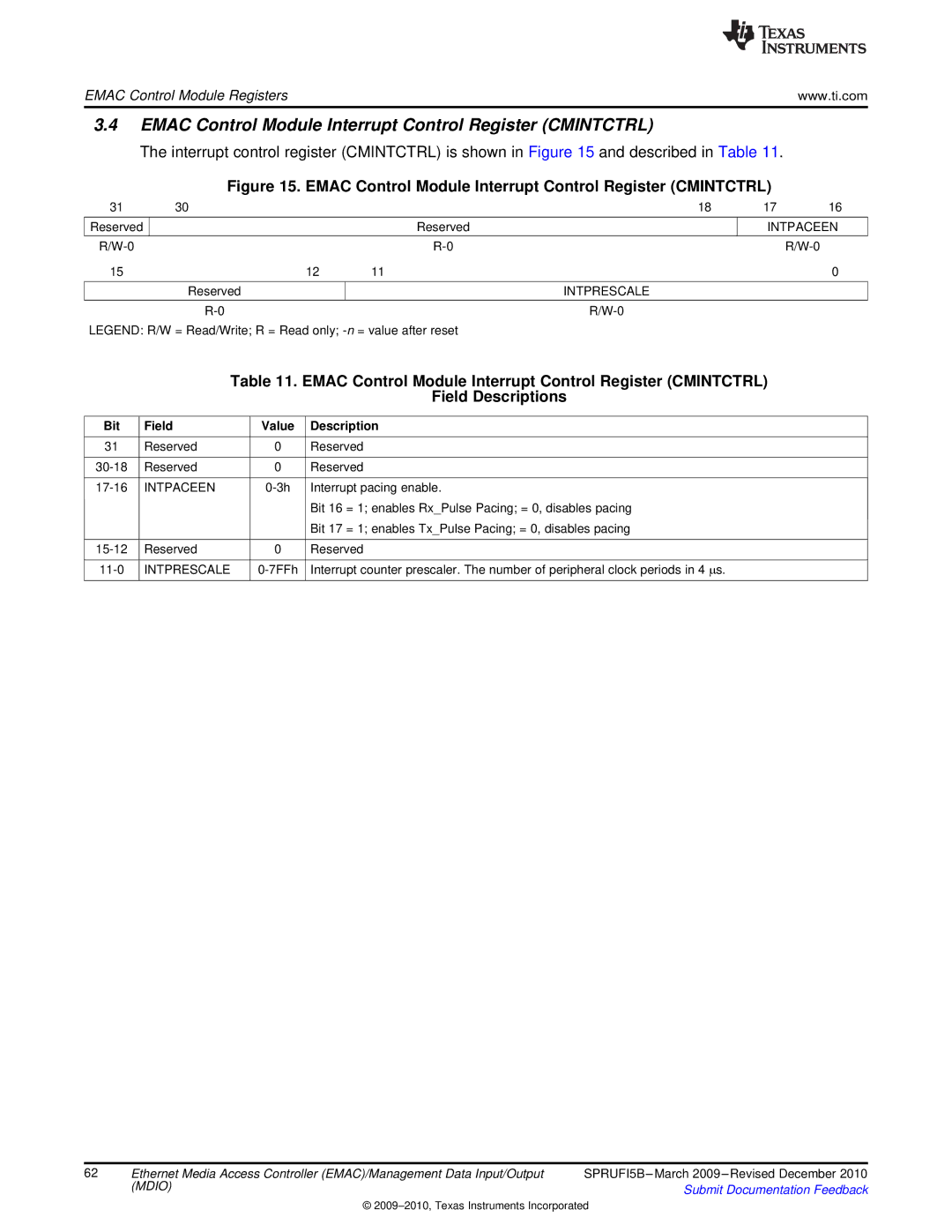 Texas Instruments TMS320DM36X manual Emac Control Module Interrupt Control Register Cmintctrl, Intpaceen, Intprescale 
