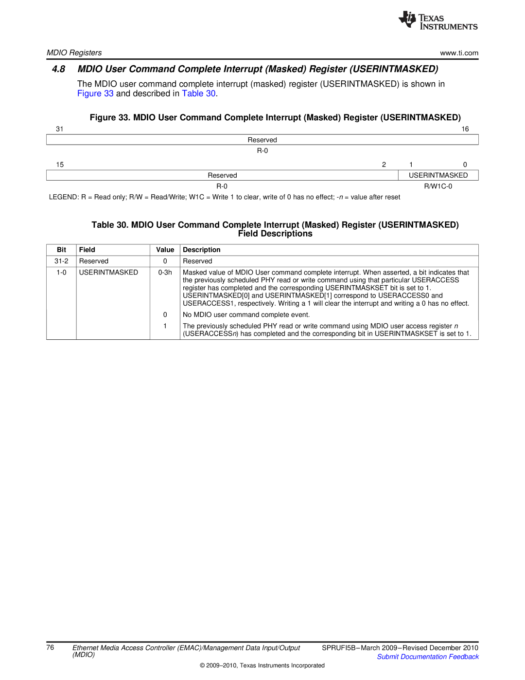 Texas Instruments TMS320DM36X manual USERINTMASKED0 and USERINTMASKED1 correspond to USERACCESS0 