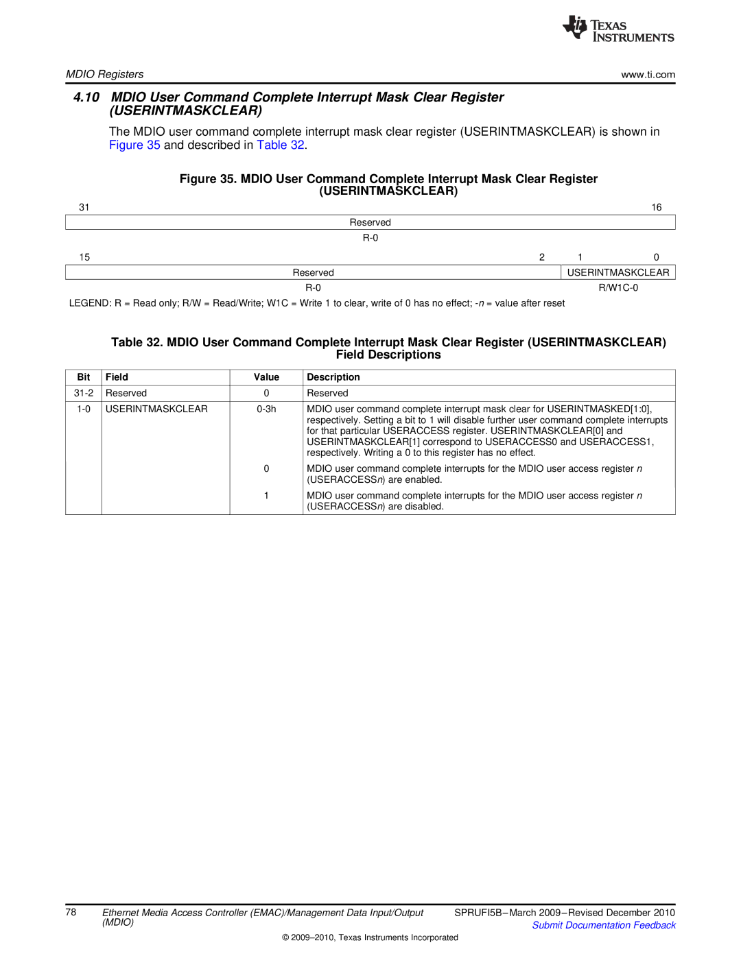 Texas Instruments TMS320DM36X manual Mdio User Command Complete Interrupt Mask Clear Register 