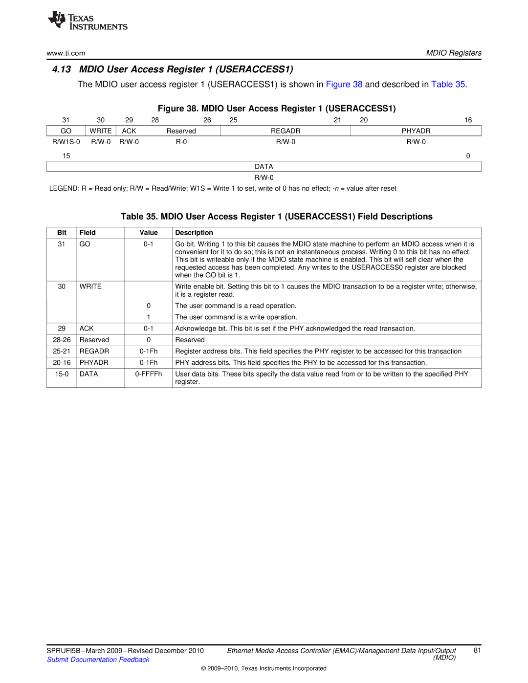 Texas Instruments TMS320DM36X manual Mdio User Access Register 1 USERACCESS1 