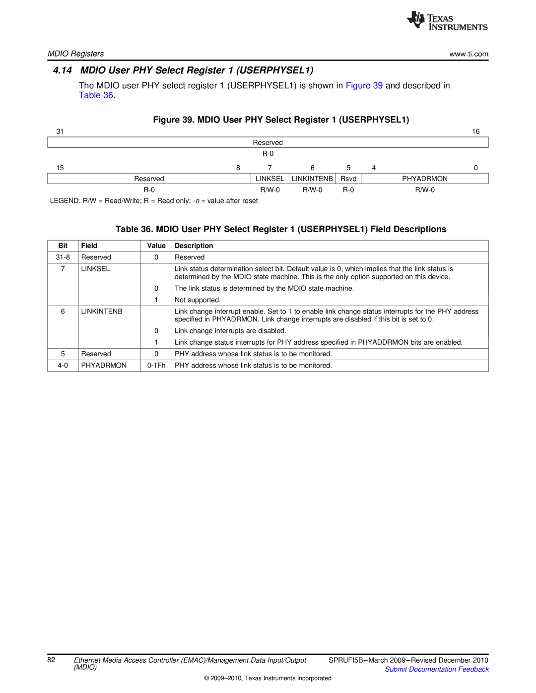 Texas Instruments TMS320DM36X manual Mdio User PHY Select Register 1 USERPHYSEL1 