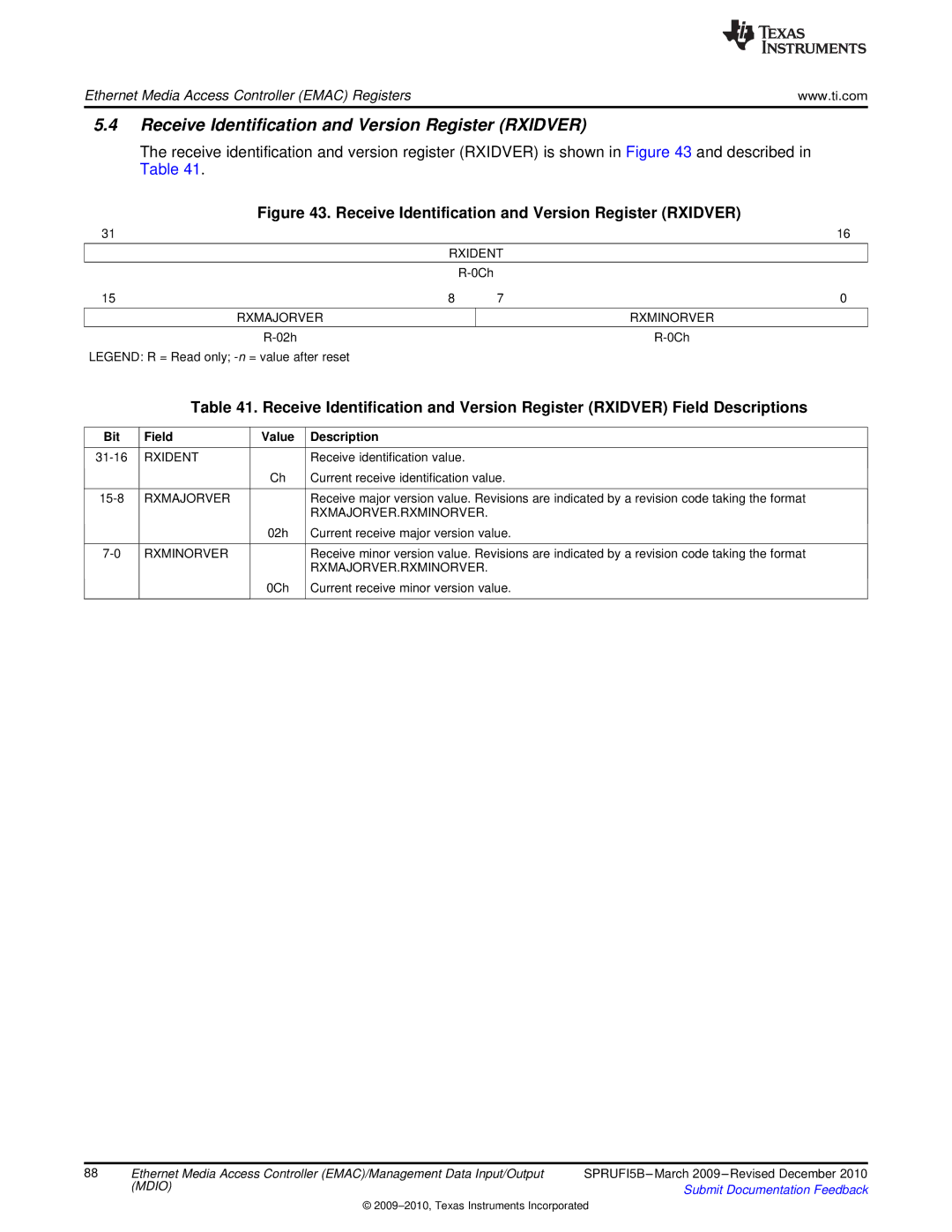 Texas Instruments TMS320DM36X manual Receive Identification and Version Register Rxidver, Rxident, Rxmajorver Rxminorver 